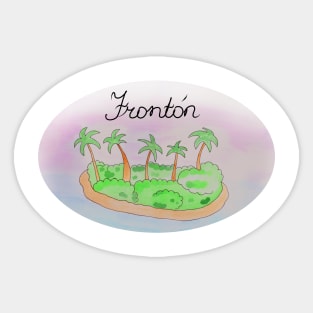 Frontón watercolor Island travel, beach, sea and palm trees. Holidays and vacation, summer and relaxation Sticker